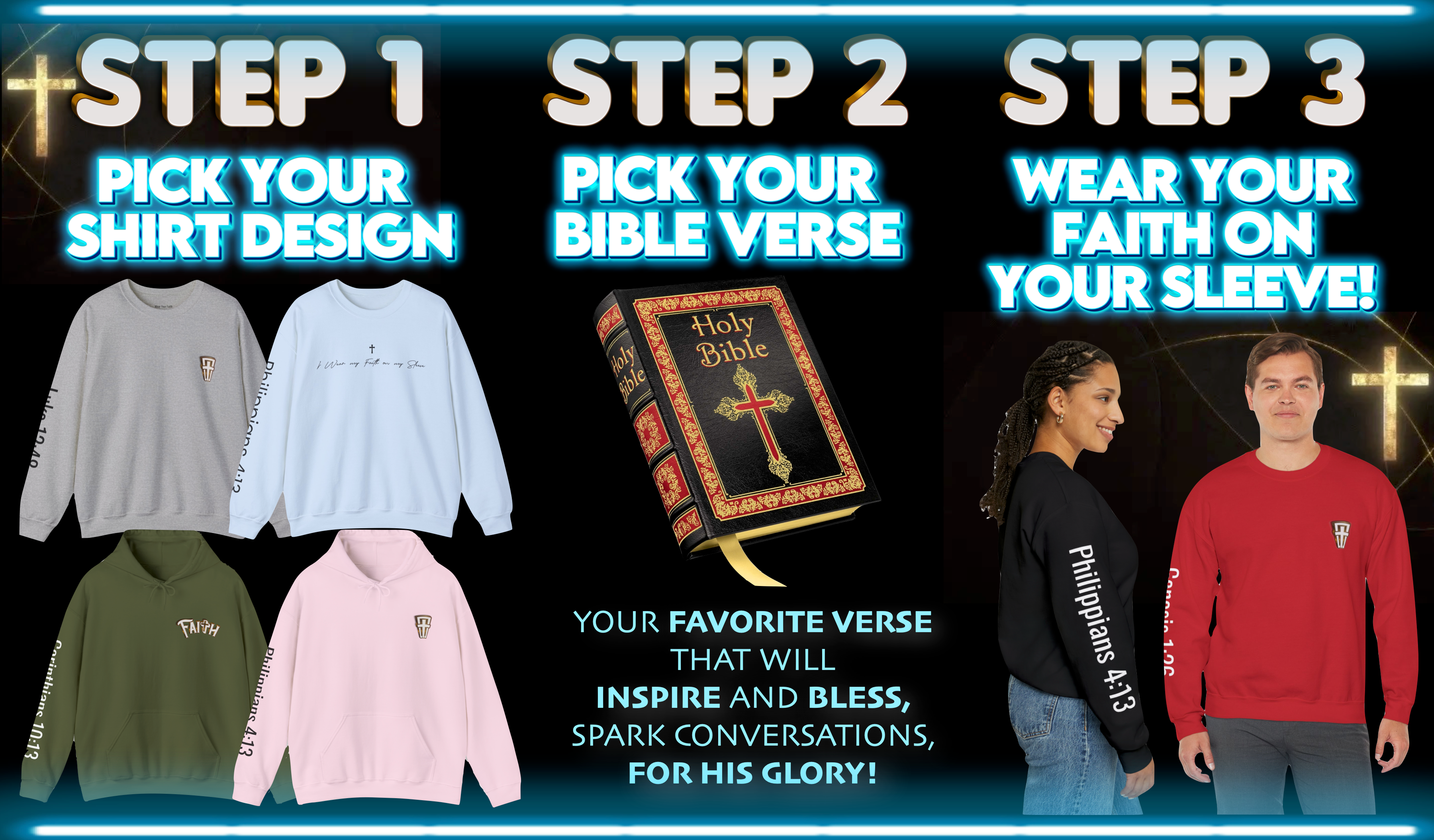 Christian Clothing. Wear Your Faith with Scripture on your Sleeve! Share God's Word and your Love of Jesus!